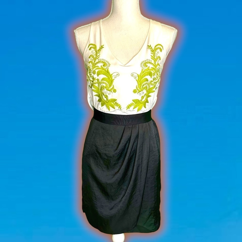 RARE Vintage Sachin + Babi Lime Green Embroidered Black & White Mini Dress Size0 - Picture 4 of 15